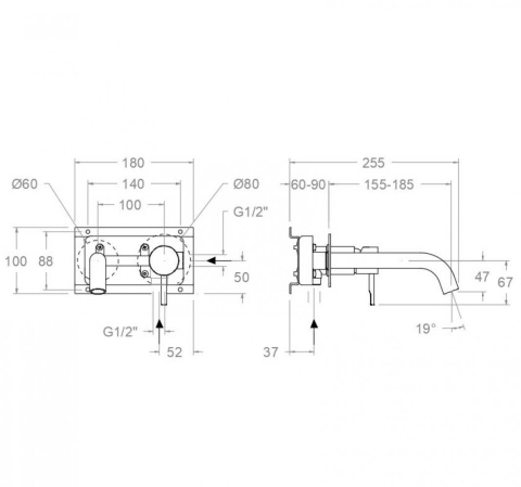 Ramon Soler Bateria umywalkowa ścienna z wylewką 19 cm, czarny mat, ODISEA
