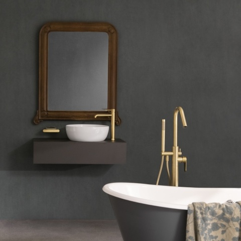 Ramon Soler Wolnostojąca bateria wannowa z zestawem prysznicowym, szczotkowane złoto, ODISEA