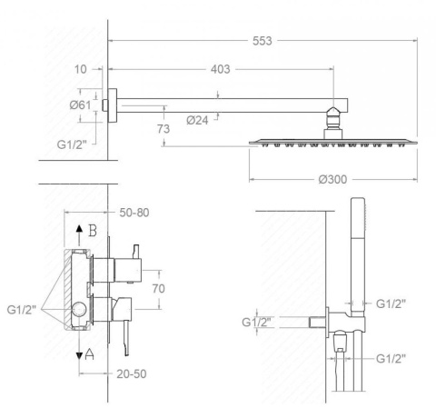 Ramon Soler Zestaw prysznicowy podtynkowy, czarny mat, ODISEA z podwójnym wyjściem