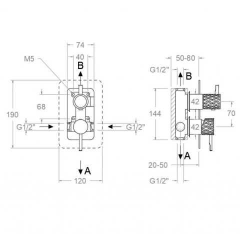 Ramon Soler Bateria prysznicowa podtynkowa, szczotkowane złoto, ODISEA JOYA dwuwyjściowa