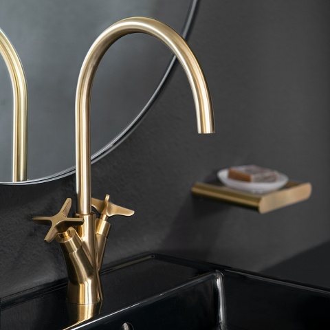 Ramon Soler Bateria umywalkowa dwuchwytowa z obrotową wylewką 170 mm, szczotkowane złoto, ADAGIO