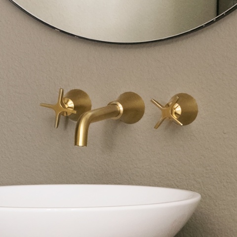 Ramon Soler Bateria umywalkowa podtynkowa ścienna dwuuchwytowa, szczotkowane złoto, ADAGIO