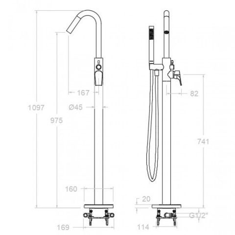 Ramon Soler Wolnostojąca bateria wannowa z zestawem prysznicowym, szczotkowana stal, URBAN CHIC