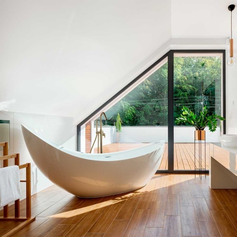 Ramon Soler Wolnostojąca bateria wannowa z zestawem prysznicowym, szczotkowane złoto, URBAN CHIC