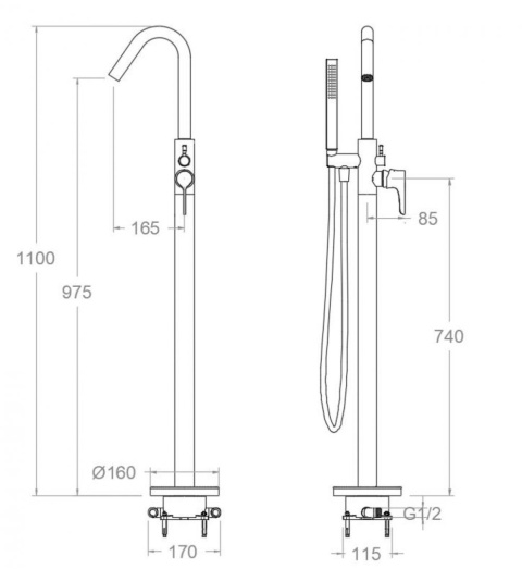 Ramon Soler Wolnostojąca bateria wannowa z zestawem prysznicowym, grafit, ADAGIO