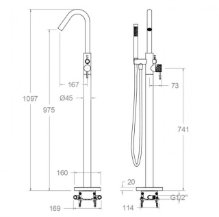 Ramon Soler Wolnostojąca bateria wannowa z zestawem prysznicowym, szczotkowana miedź, ODISEA JOYA