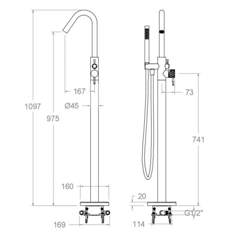 Ramon Soler Wolnostojąca bateria wannowa z zestawem prysznicowym, szczotkowana miedź, ODISEA JOYA