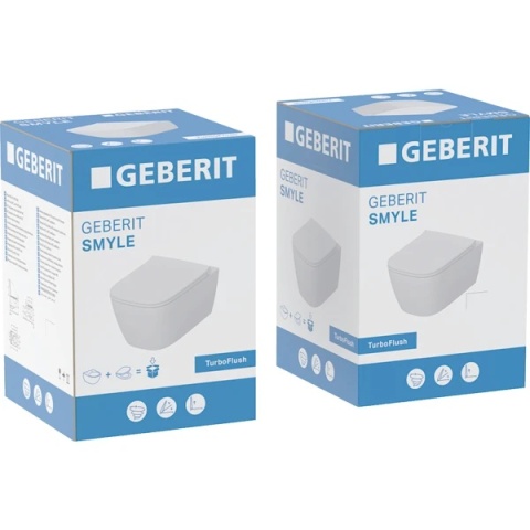 GEBERIT SMYLE Zestaw wiszącej miski WC, lejowa, prostokątna, ukryte mocowania, TurboFlush, z deską sedesową, biały