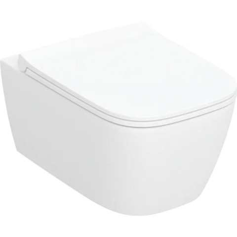 GEBERIT SMYLE Zestaw wiszącej miski WC, lejowa, prostokątna, ukryte mocowania, TurboFlush, z deską sedesową, biały