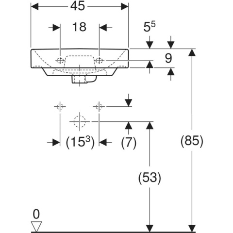 GEBERIT SMYLE Umywalka mała 45 cm, kształt geometryczny, asymetryczny przelew, biały/KeraTect