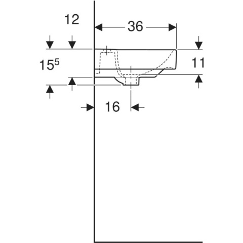 GEBERIT SMYLE Umywalka mała 45 cm, kształt geometryczny, asymetryczny przelew, biały/KeraTect