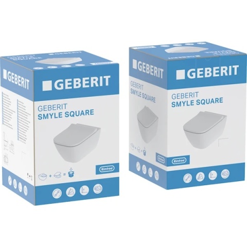 GEBERIT SMYLE Zestaw wiszącej miski WC, prostokątna, lejowa, ukryte mocowania, Rimfree, z deską sedesową, biały