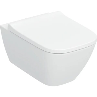 GEBERIT SMYLE Zestaw wiszącej miski WC, prostokątna, lejowa, ukryte mocowania, Rimfree, z deską sedesową, biały