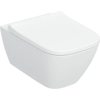 GEBERIT SMYLE Zestaw wiszącej miski WC, prostokątna, lejowa, ukryte mocowania, Rimfree, z deską sedesową, biały