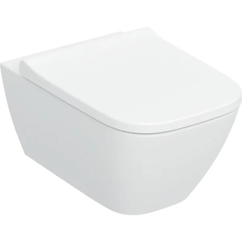GEBERIT SMYLE Zestaw wiszącej miski WC, prostokątna, lejowa, ukryte mocowania, Rimfree, z deską sedesową, biały