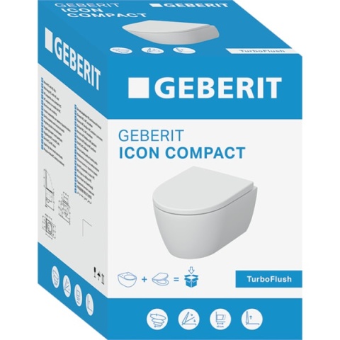 GEBERIT iCon Zestaw wiszącej miski WC, lejowa, krótka, ukryte mocowania, TurboFlush, z deską sedesową, biały/KeraTect