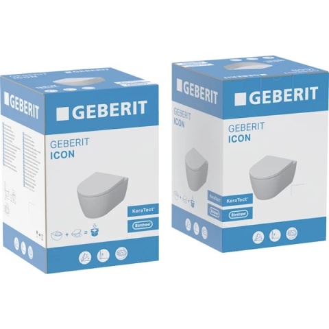 GEBERIT iCon Zestaw wiszącej miski WC, lejowa, ukryte mocowania, Rimfree, z deską sedesową, biały/KeraTect
