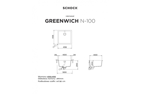 SCHOCK zlewozmywak GREENWICH N-100 Puro CRISTADUR - linia Studio
