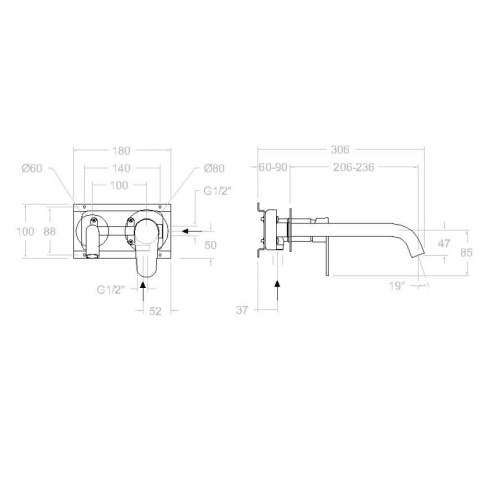 Ramon Soler Bateria umywalkowa ścienna z wylewką 24 cm, czarny mat, ALEXIA