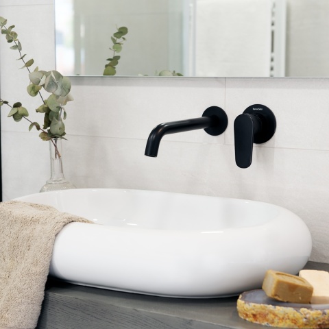 Ramon Soler Bateria umywalkowa ścienna z wylewką 24 cm, czarny mat, ALEXIA