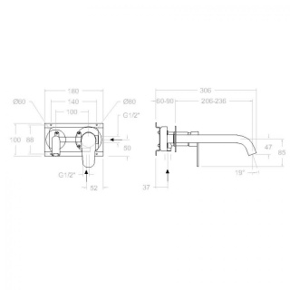 Ramon Soler Bateria umywalkowa ścienna z wylewką 24 cm, szczotkowane złoto, ALEXIA