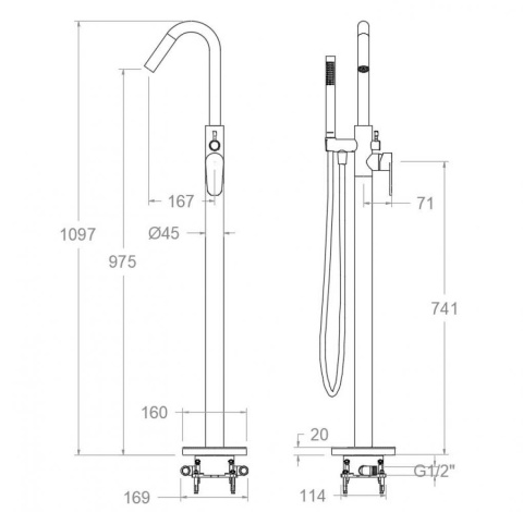 Ramon Soler Wolnostojąca bateria wannowa z zestawem prysznicowym, chrom, ALEXIA