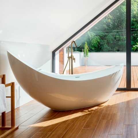 Ramon Soler Wolnostojąca bateria wannowa z zestawem prysznicowym, szczotkowane złoto, ALEXIA