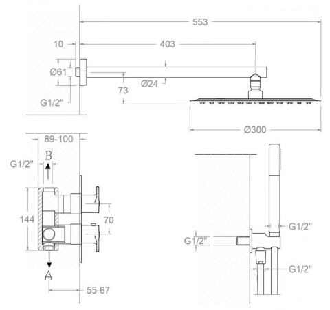 Ramon Soler Zestaw prysznicowy podtynkowy termostatyczny, czarny mat, ALEXIA 2-wyjściowy