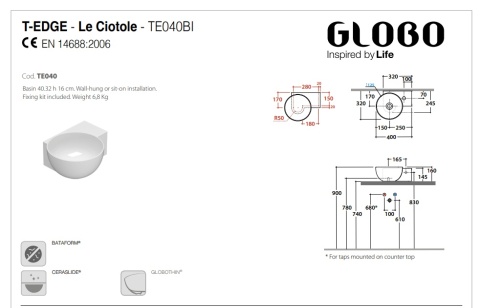GLOBO umywalka kompaktowa 40 × 32 cm