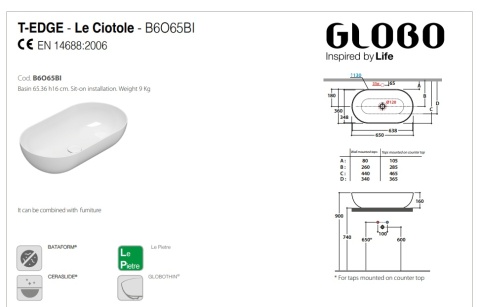 GLOBO umywalka nablatowa 65×36 cm Graniglia Beige