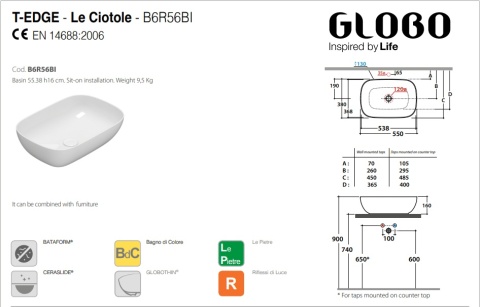 GLOBO umywalka nablatowa 55 × 38 cm Cachemire