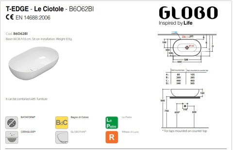 GLOBO umywalka nablatowa 60 × 36 cm Rosso Pompei