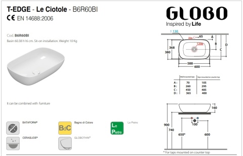 GLOBO umywalka nablatowa 60 × 38 cm Peperino Grigio