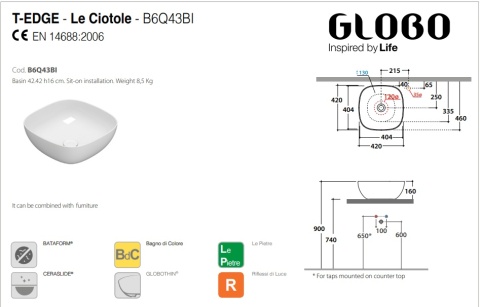 GLOBO umywalka nablatowa 42 × 42 cm Travertino