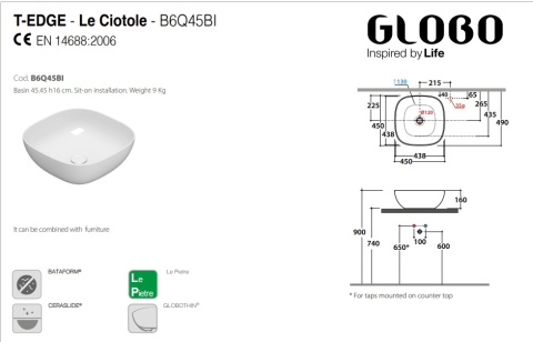 GLOBO umywalka nablatowa 45 × 45 cm biały połysk