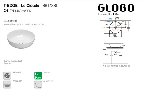 GLOBO umywalka nablatowa Ø48 cm biały połysk