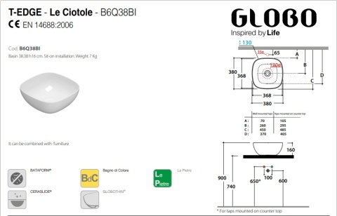 GLOBO umywalka nablatowa 38 × 38 cm Fard