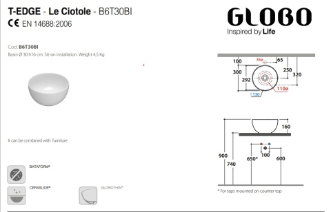 GLOBO umywalka nablatowa Ø30 cm biały połysk