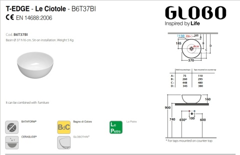 GLOBO umywalka nablatowa Ø37 cm Portoro Marrone
