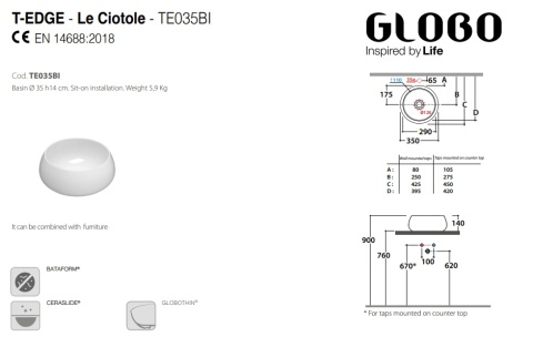 GLOBO umywalka nablatowa Ø35 cm biały połysk
