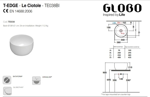 GLOBO umywalka nablatowa Ø38 cm BIAŁY POŁYSK