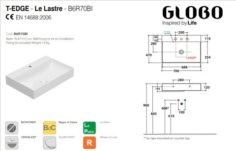 GLOBO umywalka nablatowa 70 × 47 cm Arabescato Brown