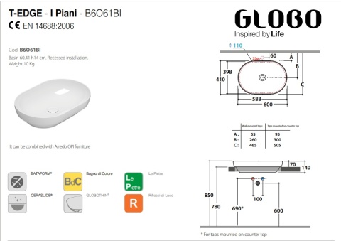 GLOBO umywalka wpuszczana w blat 60 × 41 cm - Graniglia Turchese