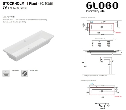 GLOBO umywalka wpuszczana w blat lub podblatowa 105 × 34 cm - biały połysk