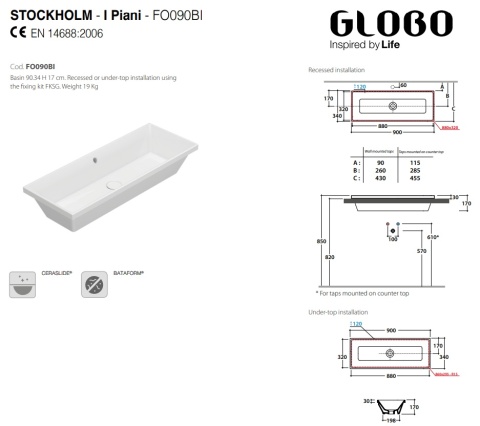 GLOBO umywalka wpuszczana w blat lub podblatowa 90 × 34 cm - biały połysk