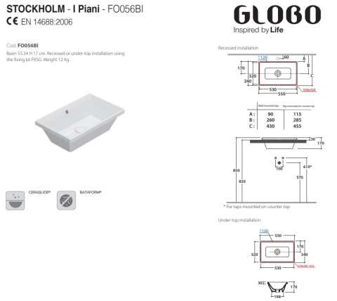 GLOBO umywalka wpuszczana w blat lub podblatowa 55 × 34 cm - biały połysk