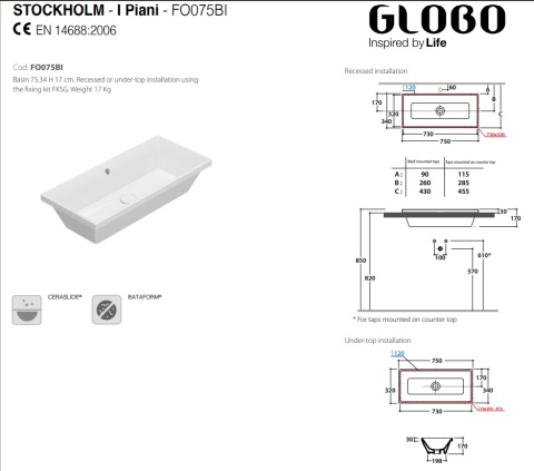 GLOBO umywalka wpuszczana w blat lub podblatowa 75 × 34 cm - biały połysk