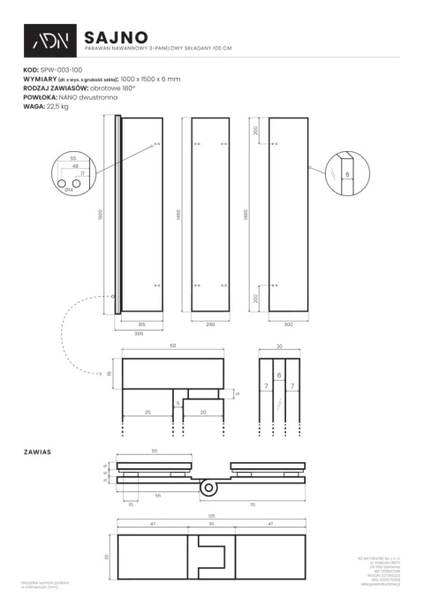 ADN Parawan nawannowy 3-panelowy składany SAJNO 100 cm Chrom
