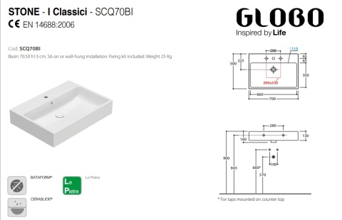 GLOBO umywalka nablatowa lub wisząca 70 × 50 cm - Arabescato Chiaro