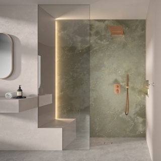 Ramon Soler deszczownica ścienna prostokątna WATERFALL szczotkowana miedź